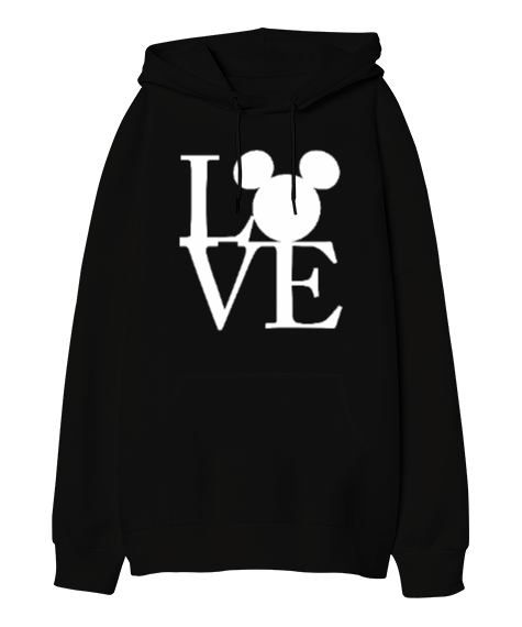 Love Sevgililer Günü 14 Şubat Tasarım Baskılı Siyah Oversize Unisex Kapüşonlu Sweatshirt