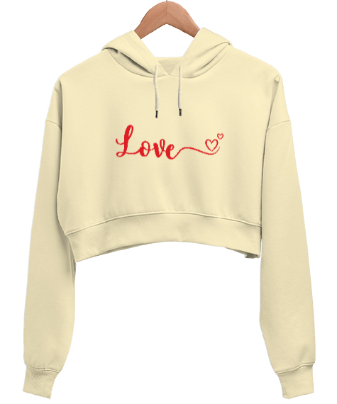 Love Sevgililer Günü Baskılı Krem Kadın Crop Hoodie Kapüşonlu Sweatshirt