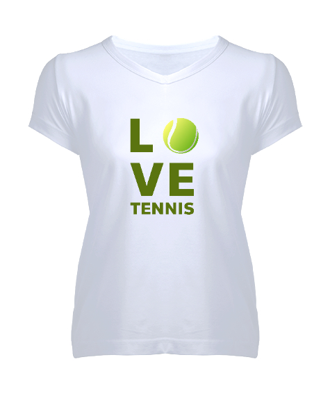 Tisho - Love Tennis - Tenis Oynamayı Seviyorum Beyaz Kadın V Yaka Tişört