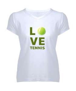 Love Tennis - Tenis Oynamayı Seviyorum Beyaz Kadın V Yaka Tişört