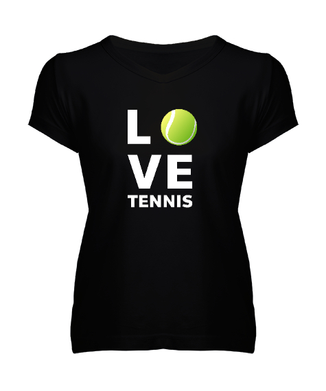 Tisho - Love Tennis - Tenis Oynamayı Seviyorum Siyah Kadın V Yaka Tişört