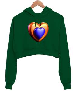 LOVE WİTH HEART Çimen Yeşili Kadın Crop Hoodie Kapüşonlu Sweatshirt