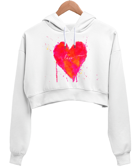 Love yazılı Kalp Suluboya Tasarım Baskılı Beyaz Kadın Crop Hoodie Kapüşonlu Sweatshirt