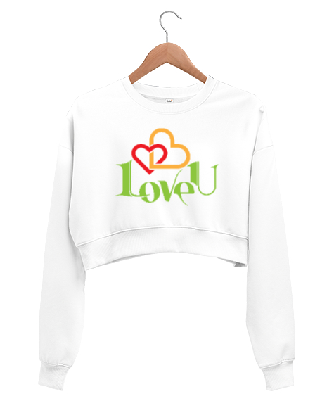 Love You Beyaz Kadın Crop Sweatshirt