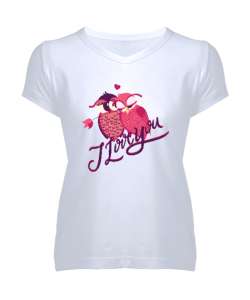 Love You - Sevgililer Günü - Seni Seviyorum - Aşık Baykuşlar Beyaz Kadın V Yaka Tişört
