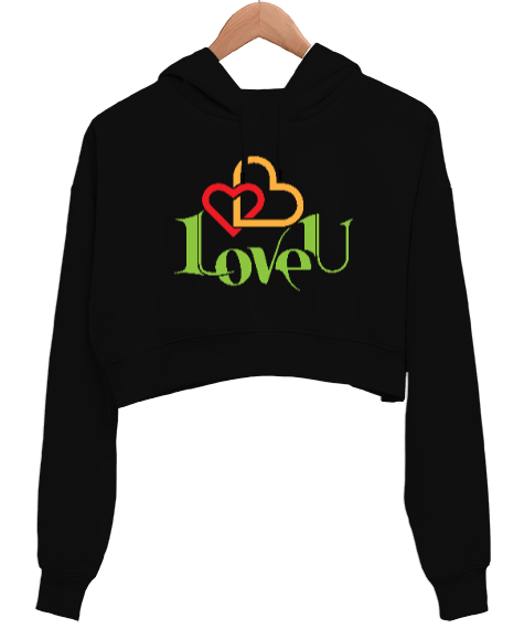 Love You Siyah Kadın Crop Hoodie Kapüşonlu Sweatshirt