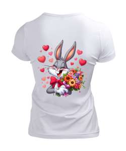 LOVER BUNNY Beyaz Kadın V Yaka Tişört