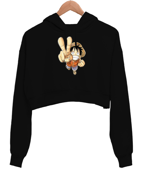 Luffy Siyah Kadın Crop Hoodie Kapüşonlu Sweatshirt