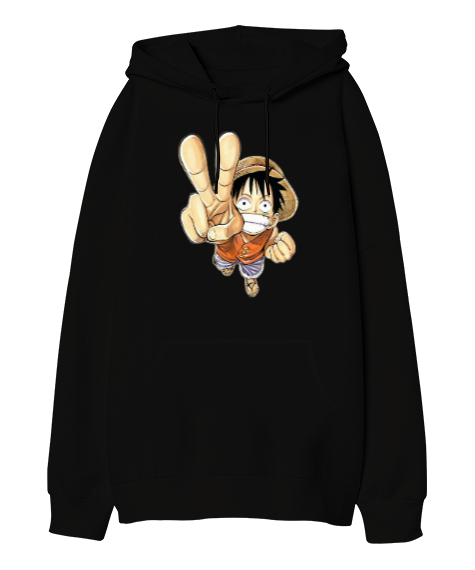 Luffy Siyah Oversize Unisex Kapüşonlu Sweatshirt