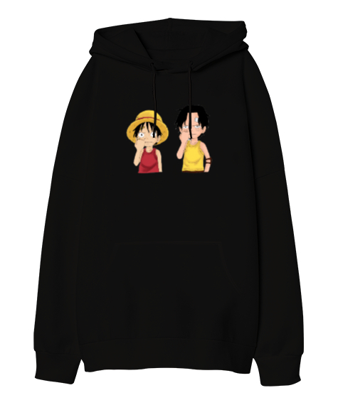 LuffyAce Siyah Oversize Unisex Kapüşonlu Sweatshirt