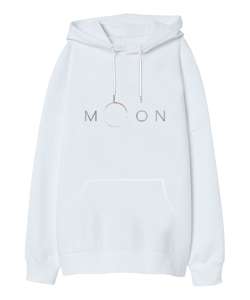 M O O N Beyaz Oversize Unisex Kapüşonlu Sweatshirt