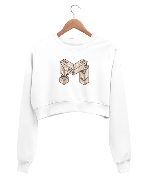 Tisho - M Tahta Harf Beyaz Kadın Crop Sweatshirt