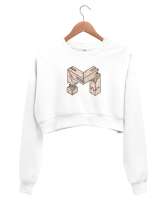 M Tahta Harf Beyaz Kadın Crop Sweatshirt - Thumbnail