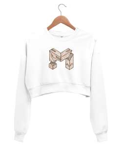 M Tahta Harf Beyaz Kadın Crop Sweatshirt