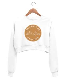 Macera ve Keşif Dağlar ve Ormanlar Dağcılık ve Kampçılık Özel Tasarım Beyaz Kadın Crop Sweatshirt