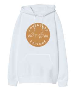 Macera ve Keşif Dağlar ve Ormanlar Dağcılık ve Kampçılık Özel Tasarım Beyaz Oversize Unisex Kapüşonlu Sweatshirt