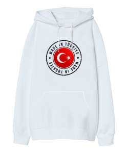 Made In Türkiye Beyaz Oversize Unisex Kapüşonlu Sweatshirt