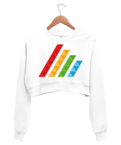 MAHT Design Colorful Polygon Hatch Crop Beyaz Kadın Crop Sweatshirt