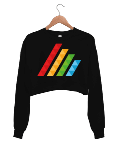 MAHT Design Colorful Polygon Hatch Crop Siyah Kadın Crop Sweatshirt