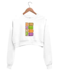 Makaron baskılı Beyaz Kadın Crop Sweatshirt