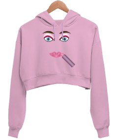 Makyaj Baskılı Kadın Crop Hoodie Kapüşonlu Sweatshirt