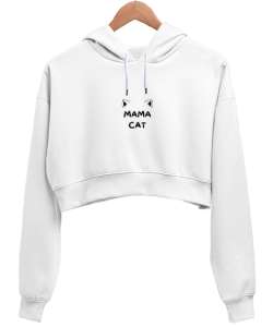 Mama Cat Beyaz Kadın Crop Hoodie Kapüşonlu Sweatshirt