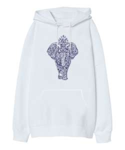 MANDALA FİL Beyaz Oversize Unisex Kapüşonlu Sweatshirt