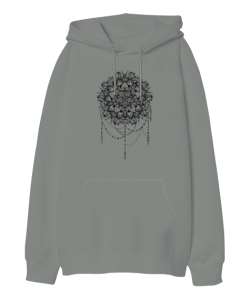 Mandala Gri Oversize Unisex Kapüşonlu Sweatshirt