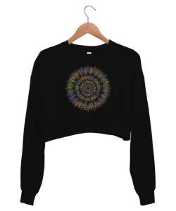 Mandala - Renkler - Colorfull Siyah Kadın Crop Sweatshirt