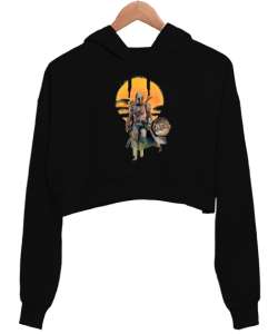 Mando ve The Child Günbatımı Tasarımı Baskılı Siyah Kadın Crop Hoodie Kapüşonlu Sweatshirt