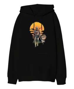 Mando ve The Child Günbatımı Tasarımı Baskılı Siyah Oversize Unisex Kapüşonlu Sweatshirt