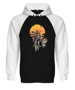 Mando ve The Child Günbatımı Tasarımı Siyah/Beyaz Orjinal Reglan Hoodie Unisex Sweatshirt