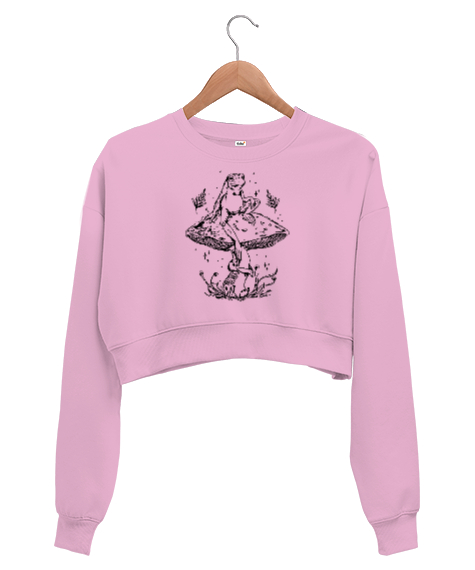 Mantar Üstünde Kurbağa Pembe Kadın Crop Sweatshirt