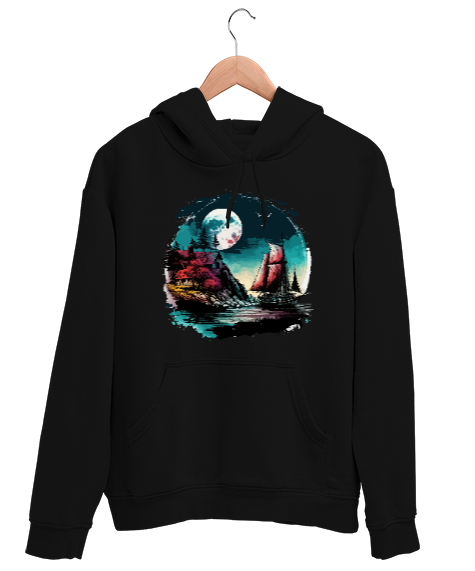 Tisho - Manzara - Deniz - Yelkenli Siyah Unisex Kapşonlu Sweatshirt