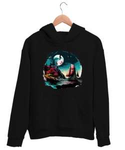 Manzara - Deniz - Yelkenli Siyah Unisex Kapşonlu Sweatshirt