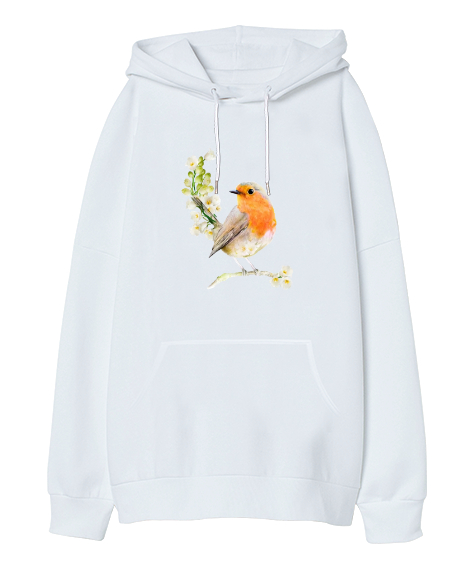 manzara kuşlar Beyaz Oversize Unisex Kapüşonlu Sweatshirt