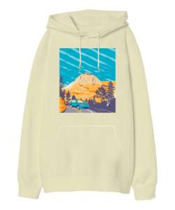 Manzaralı arabalı Krem Oversize Unisex Kapüşonlu Sweatshirt