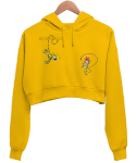 Marsupilami baskılı Sarı Kadın Crop Hoodie Kapüşonlu Sweatshirt