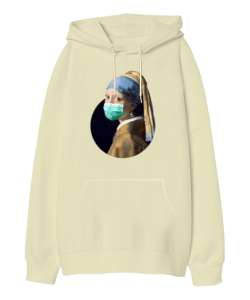 Maskeli İnci Küpeli Kız - Corona Krem Oversize Unisex Kapüşonlu Sweatshirt