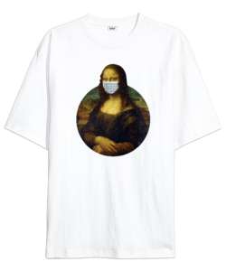 Maskeli Mona Lisa - Corona Beyaz Oversize Unisex Tişört