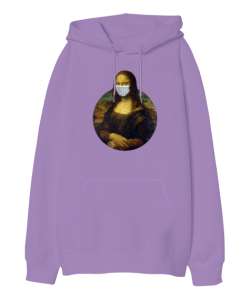 Maskeli Mona Lisa - Corona Lila Oversize Unisex Kapüşonlu Sweatshirt