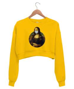 Maskeli Mona Lisa - Corona Sarı Kadın Crop Sweatshirt