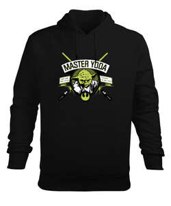 Master Yoda Lightsaber Badge Işın Kılıcı Usta Yoda Baskılı Siyah Erkek Kapüşonlu Hoodie Sweatshirt