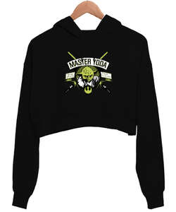 Master Yoda Lightsaber Badge Işın Kılıcı Usta Yoda Baskılı Siyah Kadın Crop Hoodie Kapüşonlu Sweatshirt