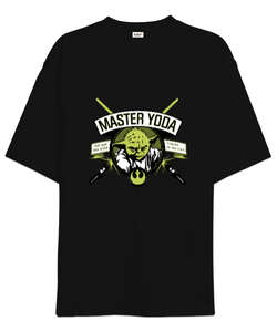 Master Yoda Lightsaber Badge Işın Kılıcı Usta Yoda Baskılı Siyah Oversize Unisex Tişört