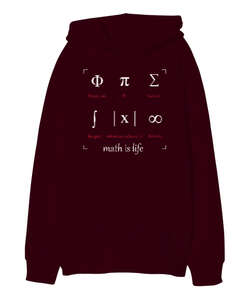 Math Is Life - Matematik Hayattır - Semboller Bordo Oversize Unisex Kapüşonlu Sweatshirt