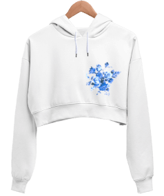 MAVİ ÇİÇEK Kadın Crop Hoodie Kapüşonlu Sweatshirt