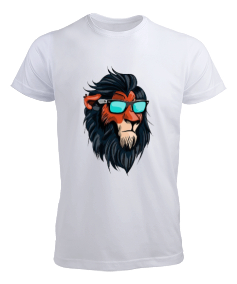 Tisho - Mavi gözlüklü aslan baskılı Beyaz Erkek Tişört