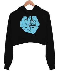 Mavi Gül Figürlü Kadın Crop Hoodie Kapüşonlu Sweatshirt