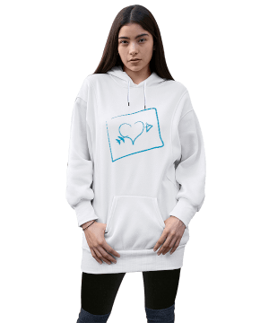 mavi kalp ok mektup tasarımlı Kadın Uzun Hoodie Kapüşonlu Sweatshirt